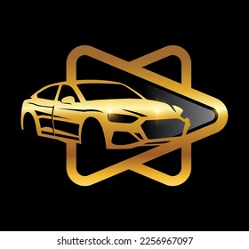 Un vector Ilustración sobre el fondo negro con efecto de brillo dorado del icono del vector del logotipo del coche dorado 