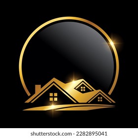 A vector Illustration on black background with gold shine effect of Golden Circle Home Logo Vector Icon