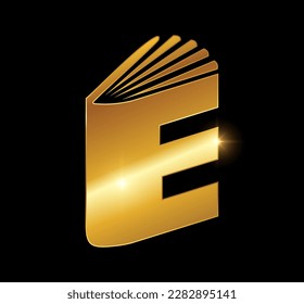 A vector Illustration on black background with gold shine effect of Golden Book Monogram Logo Initial Letter E