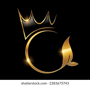 Eine Vektorgrafik auf schwarzem Hintergrund mit goldener glänzender Wirkung auf das Logo von Golden Crown und Leaf Circle