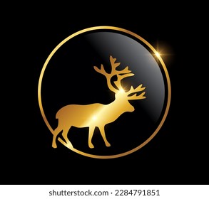 A vector Illustration on black background with gold shine effect of Golden Deer in circle logo icon
