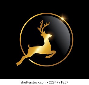 A vector Illustration on black background with gold shine effect of Golden Deer in circle logo icon
