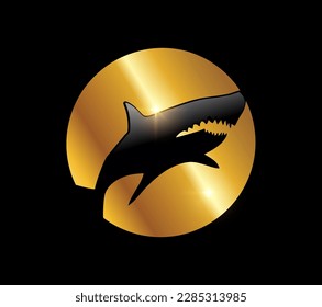 A vector Illustration on black background with gold shine effect of Golden Shark Logo Vector Icon