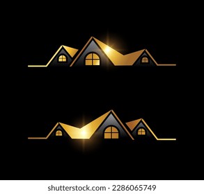 Un vector Ilustración sobre el fondo negro con efecto de brillo dorado del logotipo del hogar de la propiedad inmobiliaria Icono del vector