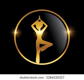 A vector Illustration on black background with gold shine effect of Golden Woman Fitness Logo Icon