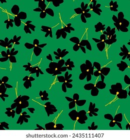 Vector illustration on a black background. Summer flowers seamless pattern with tropical plants and hibiscus flowers in green colors.