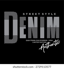 Una Ilustración vectorial sobre fondo negro presenta la frase "street style denim" en una tipografía simple pero elegante con Elementos específicos, creando un esquema de color moderno y significativo. Este diseño es perfecto para camisetas, sombreros, tazas, carteles y otras aplicaciones de impresión o Mercancía.