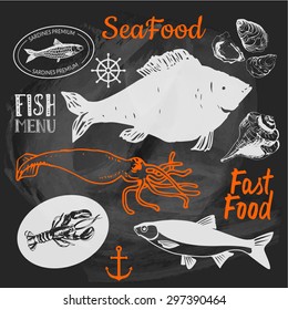 Vector illustration on black background with seafood. Hand-drawn sketch. Fresh organic: fish, lobster, dorado, oysters, squid, clams. Restaurant Design.