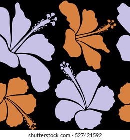 Vector illustration on a black background. Summer hawaiian seamless pattern with tropical plants and hibiscus flowers in orange and neutral colors.