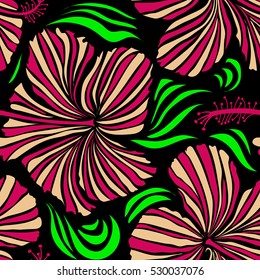 Vector illustration on a black background. Summer hawaiian seamless pattern with tropical plants and hibiscus flowers in beige and magenta colors.