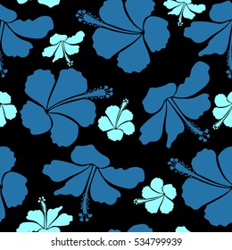 Vector illustration on a black background. Summer hawaiian seamless pattern with tropical plants and hibiscus flowers in blue colors.