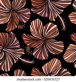 Vector illustration on a black background. Summer hawaiian seamless pattern with tropical plants and hibiscus flowers in red, orange and neutral colors.