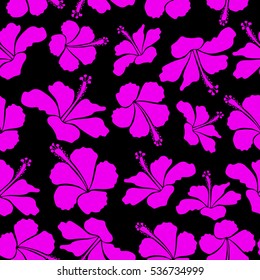Vector illustration on a black background. Summer hawaiian seamless pattern with tropical plants and hibiscus flowers in magenta colors.