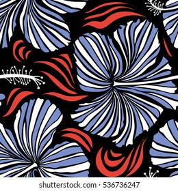 Vector illustration on a black background. Summer hawaiian with tropical plants and hibiscus flowers in white and blue colors.
