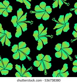 Vector illustration on a black background. Summer hawaiian seamless pattern with tropical plants and hibiscus flowers in green colors.