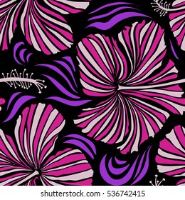 Vector illustration on a black background. Summer hawaiian seamless pattern with tropical plants and hibiscus flowers in magenta and neutral colors.