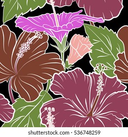 Vector illustration on a black background. Summer hawaiian seamless pattern with tropical plants and hibiscus flowers in pink, purple and violet colors.