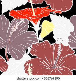 Vector illustration on a black background. Summer hawaiian seamless pattern with tropical plants and hibiscus flowers in yellow, pink and red colors.