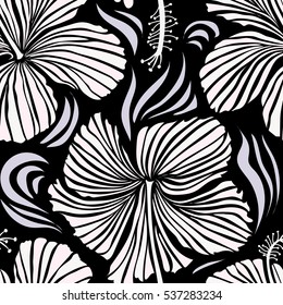 Vector illustration on a black background. Summer hawaiian seamless pattern with tropical plants and hibiscus flowers in neutral colors.