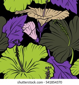 Vector illustration on a black background. Summer hawaiian seamless pattern with tropical plants and hibiscus flowers in violet and green colors.