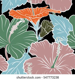 Vector illustration on a black background. Summer hawaiian seamless pattern with tropical plants and hibiscus flowers in green and orange colors.