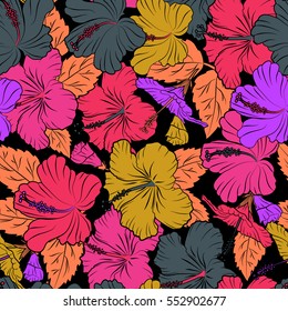 Vector illustration on a black background. Summer hawaiian seamless pattern with tropical plants and hibiscus flowers in pink, yellow and violet colors.