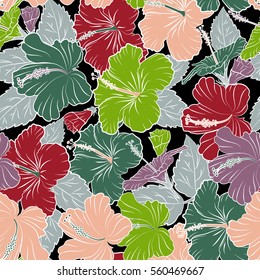 Vector illustration on a black background. Summer hawaiian with tropical plants and hibiscus flowers in red, green and violet colors.