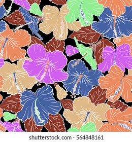 Vector illustration on a black background. Summer hawaiian seamless pattern with tropical plants and hibiscus flowers in green, violet and orange colors.