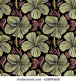 Vector illustration on a black background. Summer hawaiian with tropical plants and hibiscus flowers in gray, yellow and pink colors.