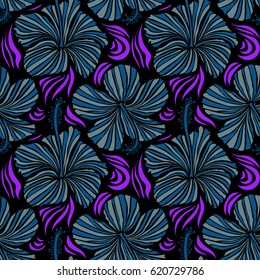 Vector illustration on a black background. Summer hawaiian seamless pattern with tropical plants and hibiscus flowers in violet, neutral and blue colors.