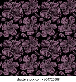 Vector illustration on a black background. Summer hawaiian seamless pattern with tropical plants and hibiscus flowers in violet colors.