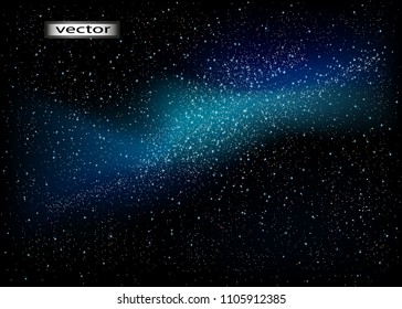 Vector illustration on black dark background. Illustration of a space nebula. Starry night sky. Stars in space, the sky at night is an astronomical unique phenomenon.