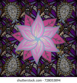 Vector illustration. On black, pink and blue colors. 3d flowers, seamless.