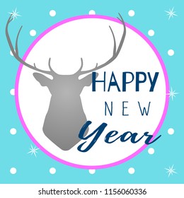 Vector Illustration on a blue  background with with snowflakes, phrase "Happy New Year" and grey silhouette of head deer