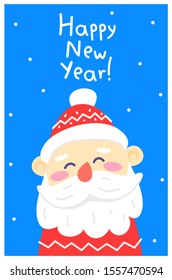Vector illustration on blue background with text happy new year. Portrait of santa claus with mustache and beard in red hat. Flat style christmas design for poster, greeting card, web, site, banner