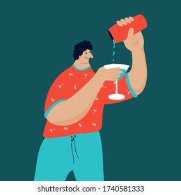 Vector illustration on a blue background. summer cocktail in flat style illustration. A guy in an orange T-shirt and blue trousers pours a cocktail from a shaker into a glass
