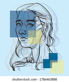 Ilustración vectorial en un fondo azul con cuadrados. Línea negra sólida, retrato de una mujer, concepto de moda, para camiseta, diseño de slogan gráfico, estilo abstracto.