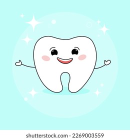 Vector illustration on a blue background, white tooth isolated.Magic.Children.Childhood.Tooth fairy.Print for textiles,web design,social networks.On a white background.Doodle style,modern.EPS10.
