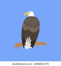 Vector illustration on a blue background: a brown bald eagle sitting on a branch rear view. An icon for fans of bird watching, nature and ornithology themes.