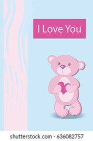 Vector illustration  on the blue background with a funny character of a bear holding in the paws of a big heart on the blue background. Concept for Valentines day postcard. I love you