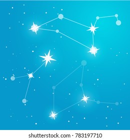 Vector Illustration on blue colors gradient backgroud with constellation of stars and soft light. Used for templates for web. Morning sky vector. Astrological concept