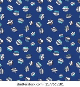 Vector illustration. On blue, neutral and white. Cakes seamless pattern collection. Of different types of beautiful modern cakes, such as chocolate cake.
