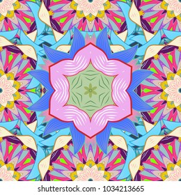 Vector illustration. On blue, pink and beige colors in watercolor style. Seamless spring pattern with little flowers.