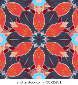 Vector illustration. On blue, pink and red colors. Seamless pattern in vintage style with bouquets of flowers.