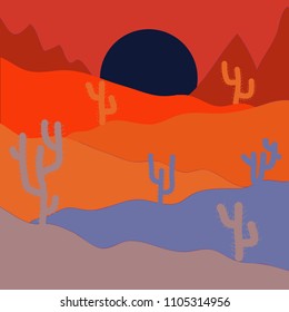 Vector illustration. Illustration on blue, yellow and violet colors. Desert Landscape with Cactus and Mountains in the Background. Flat Design Style.