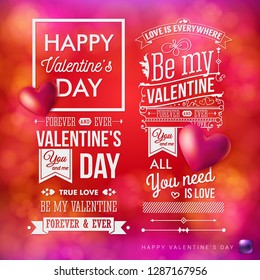 Vector illustration on bright, festive, blurred red background with bokeh light effects. Set of two Valentines day cards. Various white typographic text and  design elements. Realistic red hearts.  