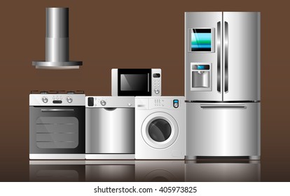 Vector illustration on brown background kitchen home appliances. Set of household technics: washing machine, dishwasher, electric oven, extractor hood, microwave and refrigerator