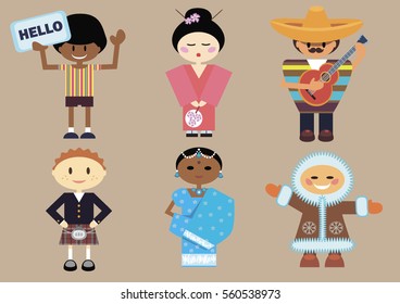 Vector illustration on a brown background with set of persons different nationality
