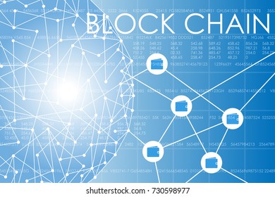 Vector illustration on business theme with block chain inscription. Connected wallets.