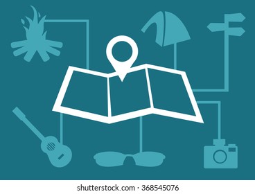 Vector illustration on camping concept with icons of campfire, tent, direction sign, guitar, sunglasses and camera linked to a map in the center.